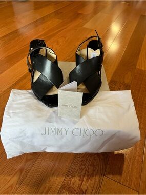 Jimmy Choo Black Leather Crisscross Strap Sandals